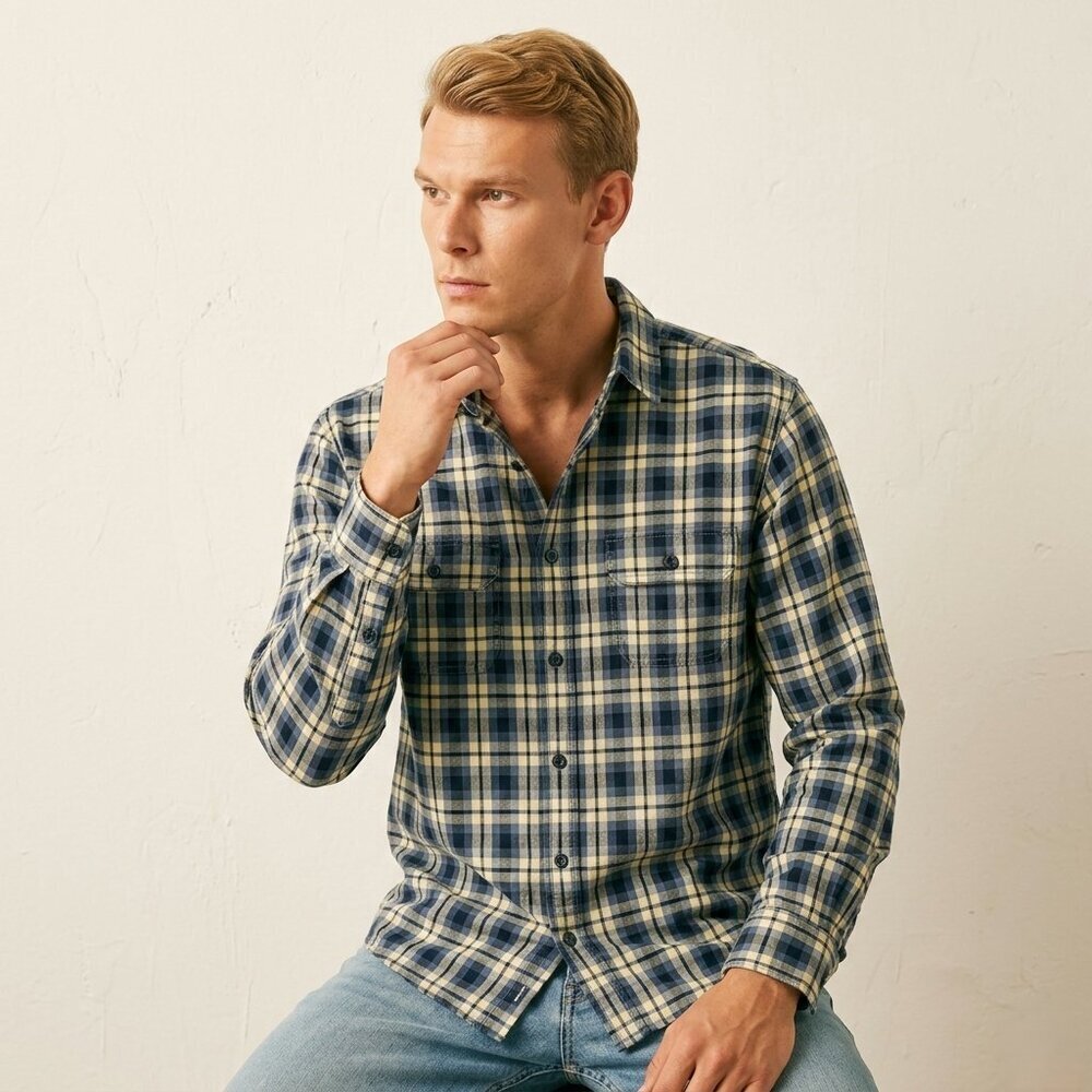 Alesbury Men Medium Blue Yellow Plaid Button Down Shirt Cotton Regular Preppy